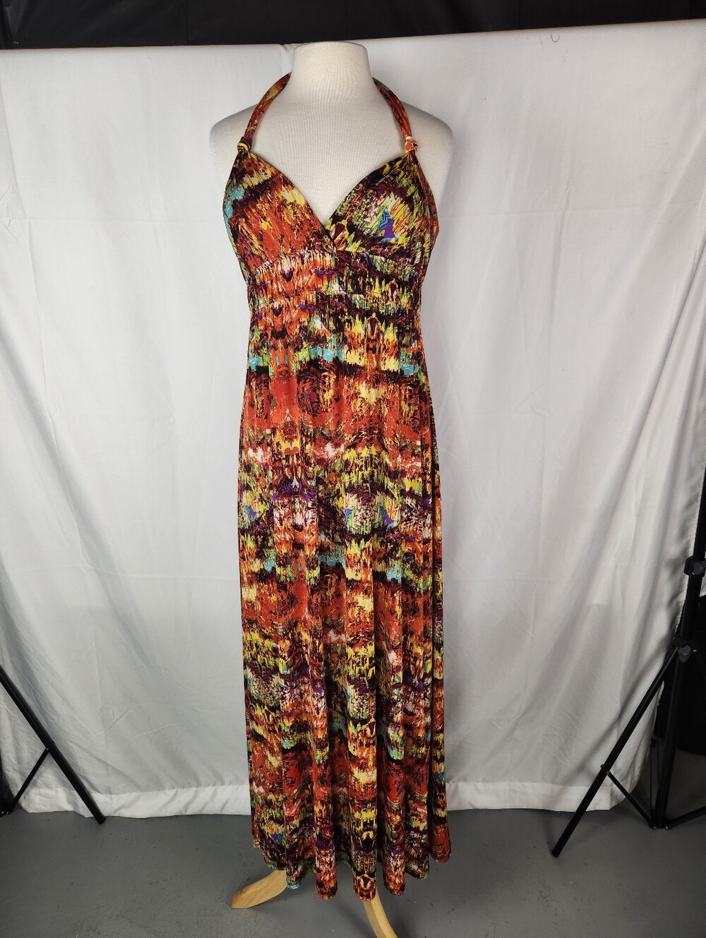 Topia Halter Maxi Dress Medium Boho Resort Y2K Abstract Print Padded Bust